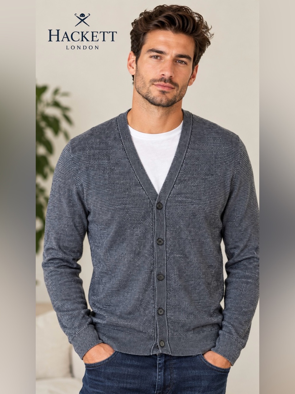 Hackett London Wool Blend Cardigan Men’s Size Large Grey V-Neck Button Front